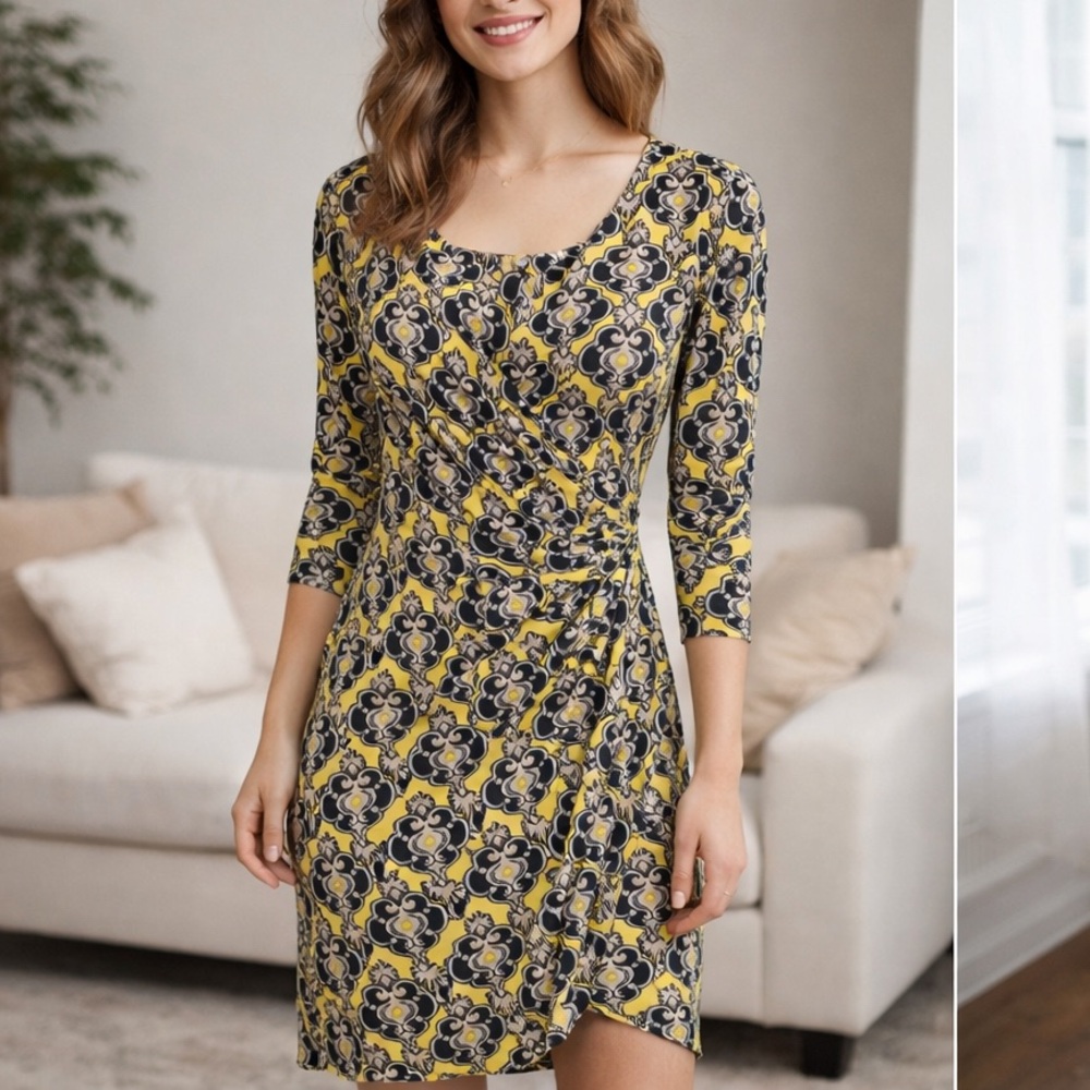 New York & Company Yellow and Black Midi Dress